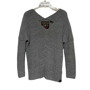Women’s Superdry Slouched Double V-Neck Cable Knit Sweater Grey US 8 UK 12 EU 40